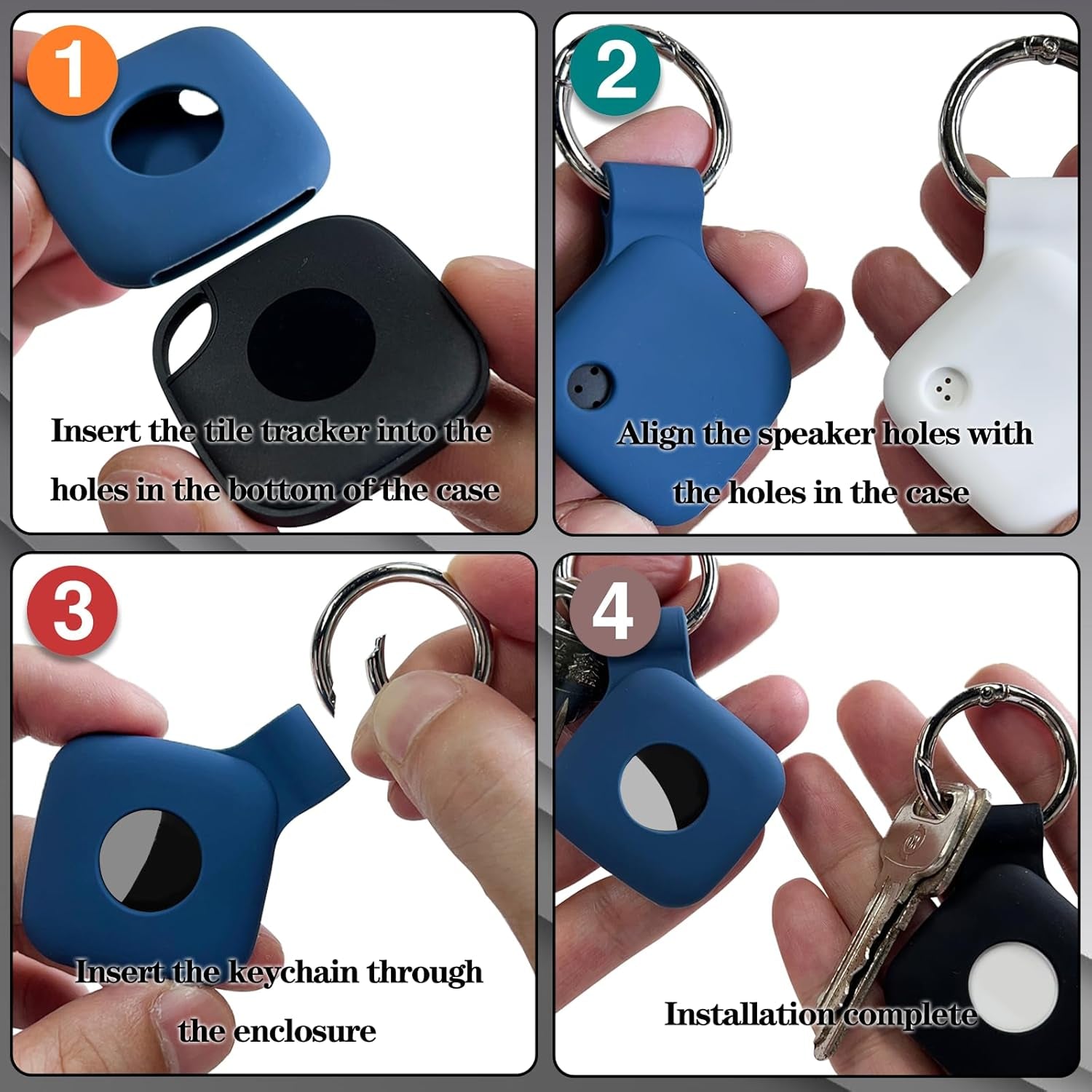 4 Pack Holder Case Compatible with Tile Mate 2022 2024 Tracker, Anti-Scratch Finder Protective Cover for Tile Tracker with Key Ring, Silicone Tile Keychain for Pets,Keys(Black Black White White)