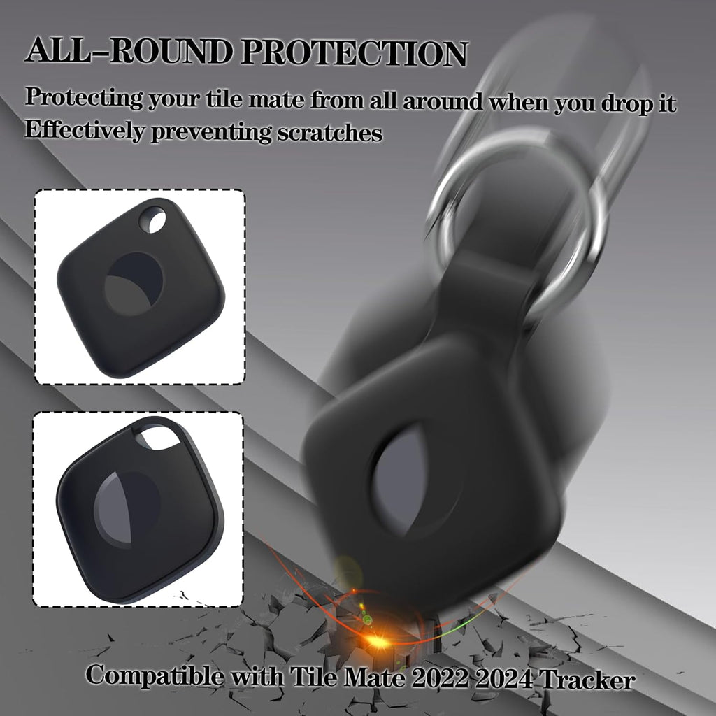 4 Pack Holder Case Compatible with Tile Mate 2022 2024 Tracker, Anti-Scratch Finder Protective Cover for Tile Tracker with Key Ring, Silicone Tile Keychain for Pets,Keys(Black Black White White)